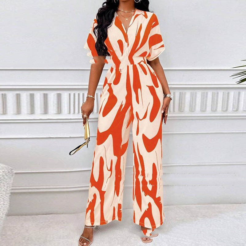 V-Neck Loose Printed Long Jumpsuit