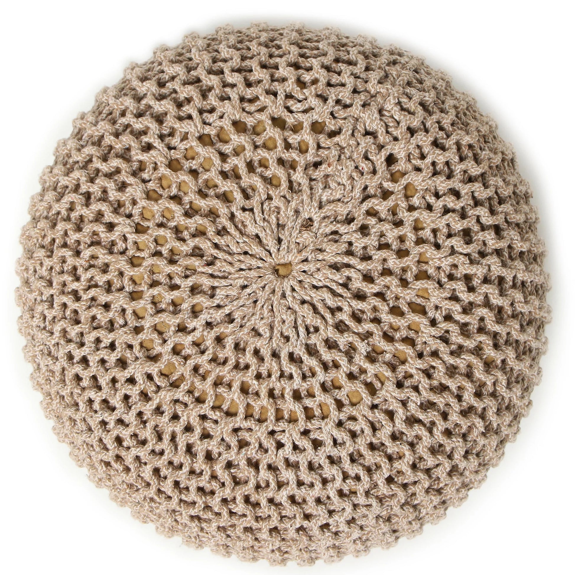 round Pouf Ottoman - Hand Knitted Cable Boho Poof Home Decor Pouffe Circular Footrest for Living Room - Nursery - Bedroom - Lounge 100% Cotton (19.5"X19.5"X14"; Beige Ivory)