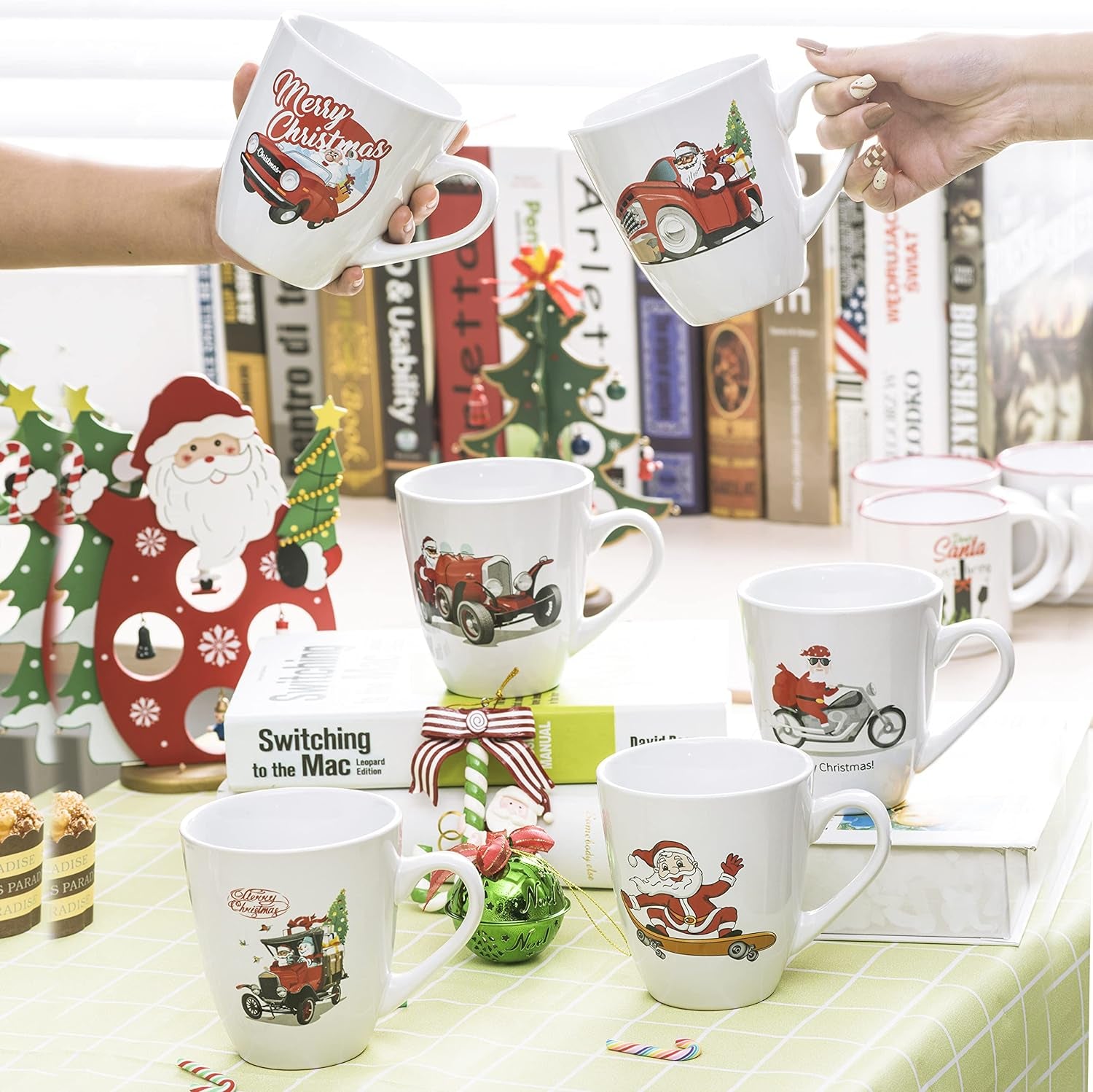 16 Oz Christmas Coffee Mug Set, Large 16 Ounce Ceramic Holiday Mug Set of 6 White Christmas Themed Design, Best Holiday Mugs Set of 6 for Your Christmas Gift