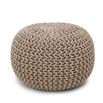 round Pouf Ottoman - Hand Knitted Cable Boho Poof Home Decor Pouffe Circular Footrest for Living Room - Nursery - Bedroom - Lounge 100% Cotton (19.5"X19.5"X14"; Beige Ivory)