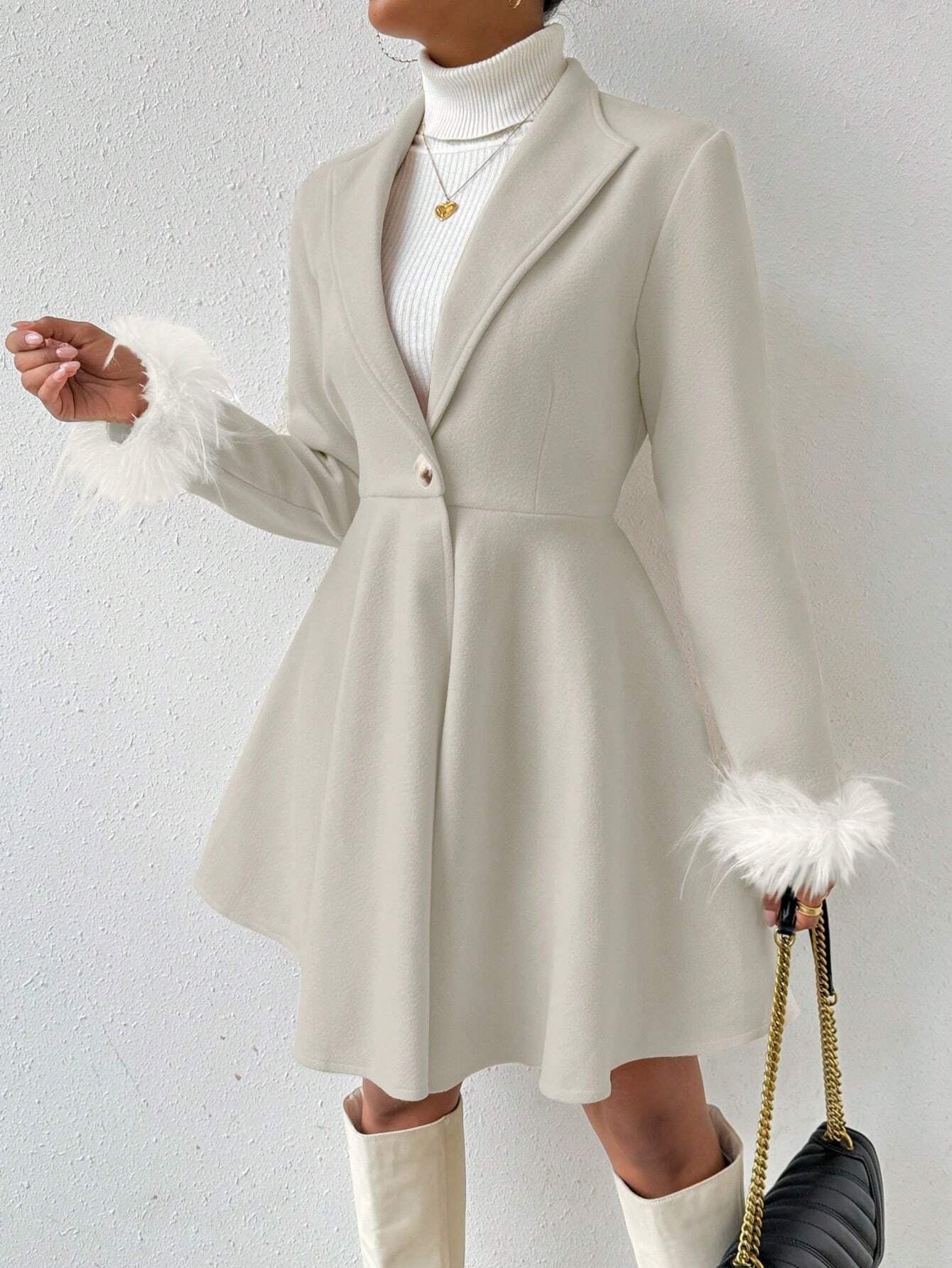 Privé Solid Color Wool Coat with Fringed Cuff and Single Button Closure