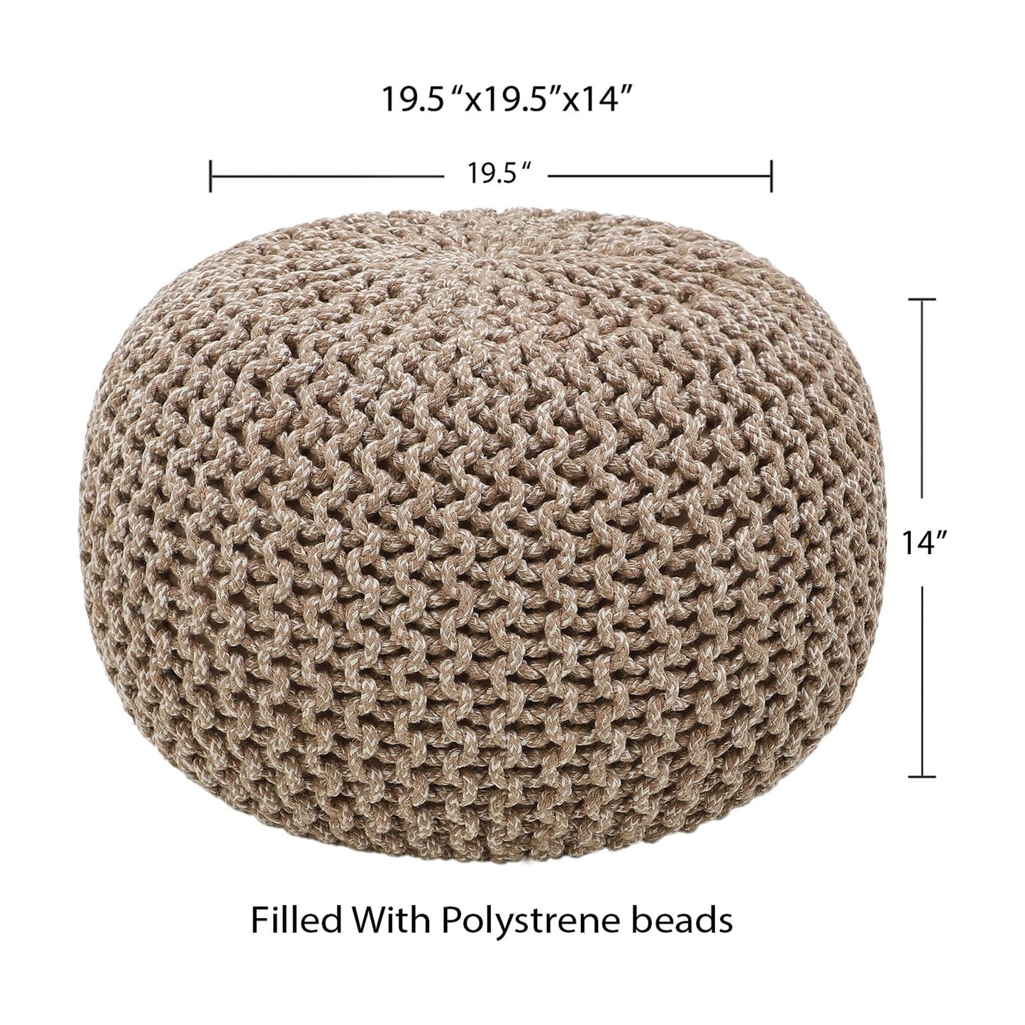 round Pouf Ottoman - Hand Knitted Cable Boho Poof Home Decor Pouffe Circular Footrest for Living Room - Nursery - Bedroom - Lounge 100% Cotton (19.5"X19.5"X14"; Beige Ivory)