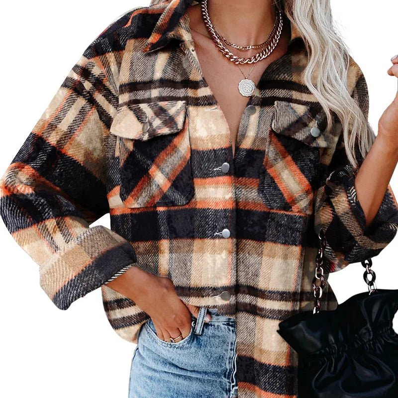 Winter Fleece Jacket Women Plaid Coat Fall Warm Checkered Outerwear Fall Female Long Sleeve Tops Shirt Women Fashion Jacket 2021