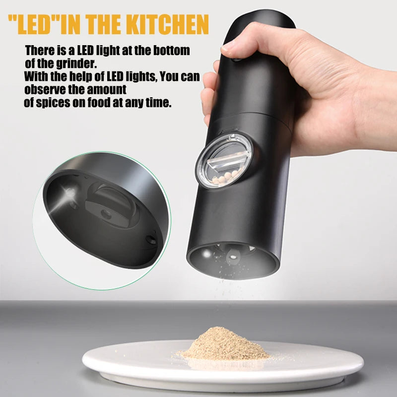 Automatic Pepper Grinder Salt and Pepper Grinder USB Rechargeable Adjustable Coarseness Spice Mill with LED Light Kitchen Tool