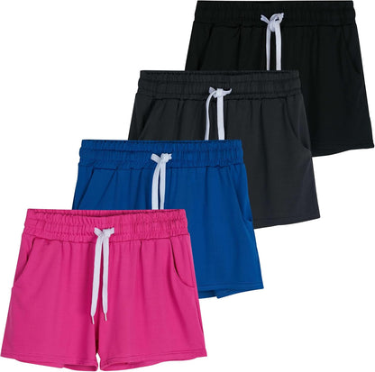 4 Pack: Girls Athletic Performance Dry-Fit Running Shorts with Drawstring & Pockets