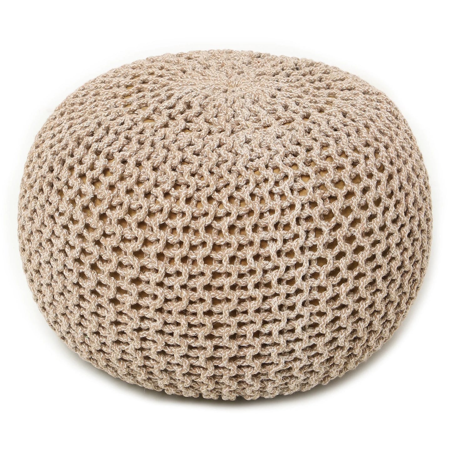 round Pouf Ottoman - Hand Knitted Cable Boho Poof Home Decor Pouffe Circular Footrest for Living Room - Nursery - Bedroom - Lounge 100% Cotton (19.5"X19.5"X14"; Beige Ivory)