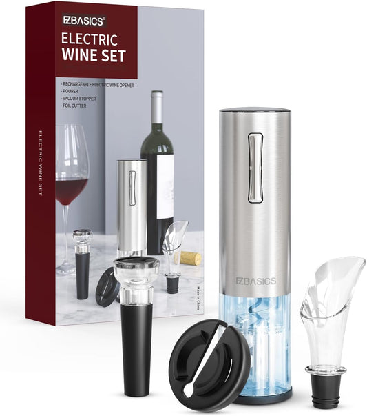 Electric Wine Opener, Automatic Wine Bottle Opener Set with Foil Cutter Vacuum Stopper and Wine Aerator Pourer for Wine Lovers Gift Home Kitchen Party Bar Wedding Rechargeable, Silver