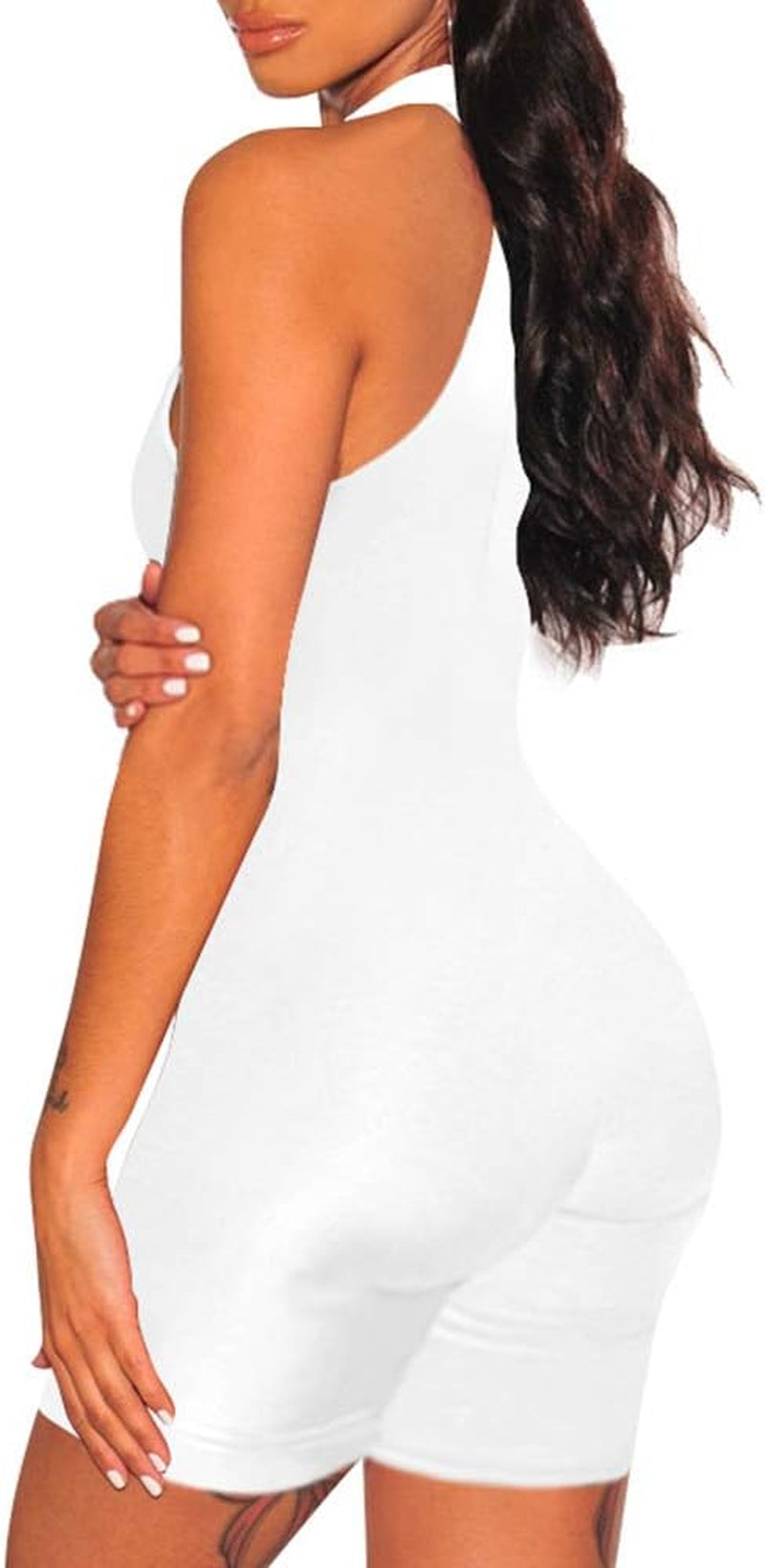 Women'S High Neck Sleeveless Short Jumpsuit Bodycon Party Romper White