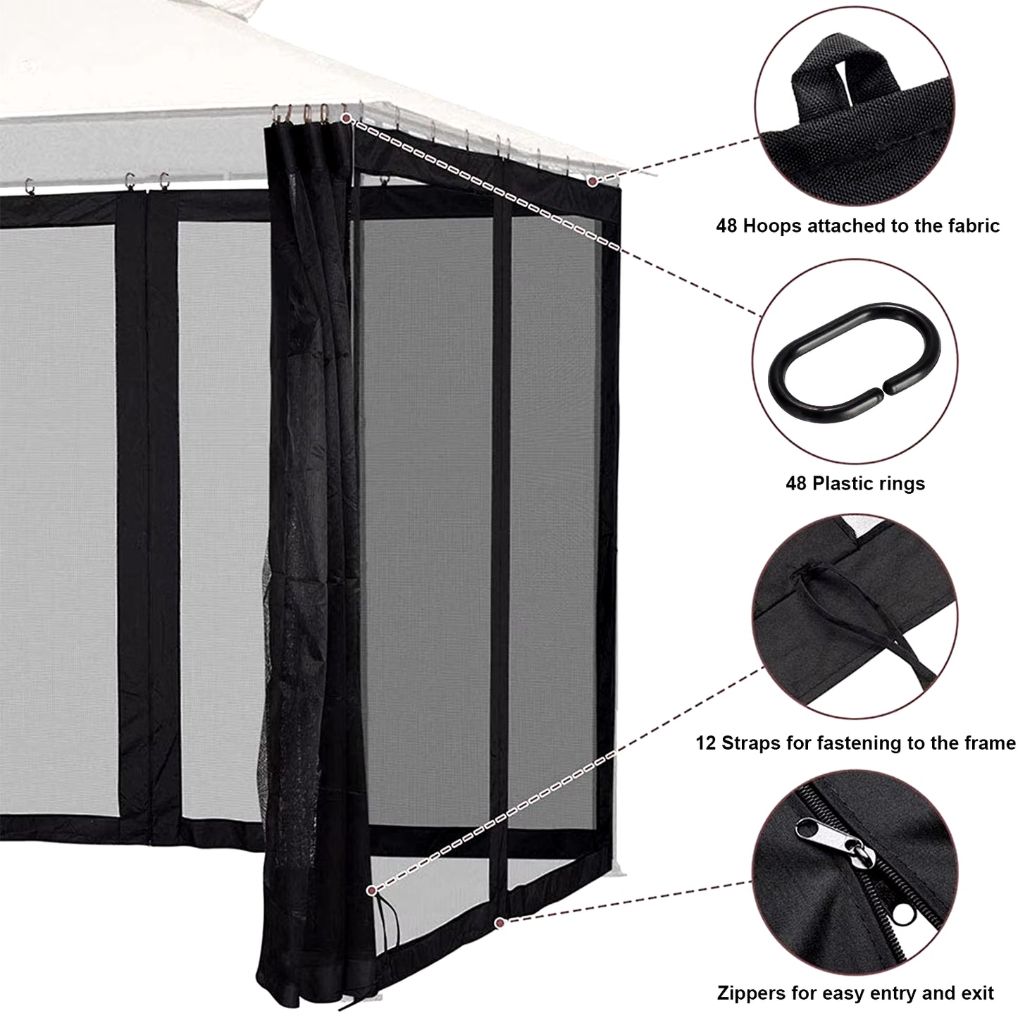 Outdoor Gazebo Mosquito Netting Universal Replacement Canopy Net Screen 4-Panel Sidewall Curtain with Zippers for Garden Patio