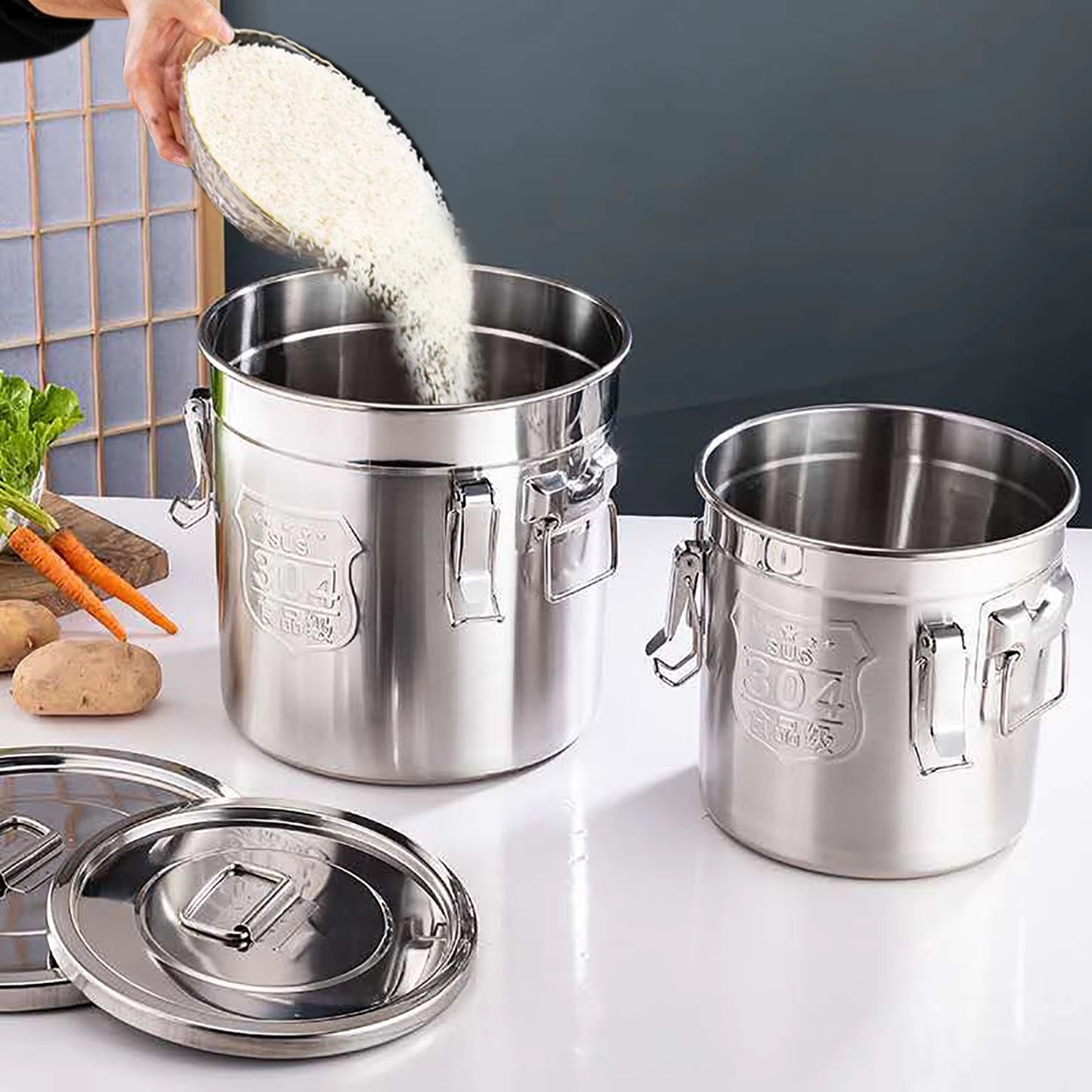 6L/12L 304 Stainless Steel Metal Cereal Container Kitchen Rice Oil Storage Bucket