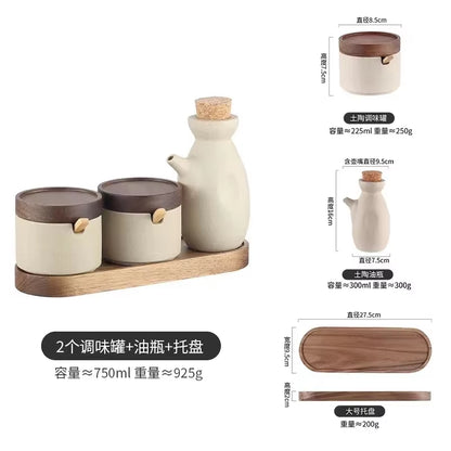 NEW Ceramic Retro Seasoning Jar Pepper Storage Bottle round Ceramic Seasoning Jar with Wooden Lid Salt Pepper Kitchen Tool