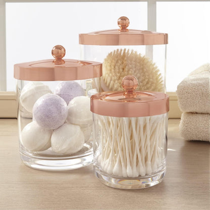 3-Pack Premium Quality Qtip and Cotton Ball Holders | 15-Oz, 30-Oz, and 60-Oz Clear Plastic Apothecary Jars with Matte Rose Gold Lids | Perfect Containers for Bathroom and Vanity