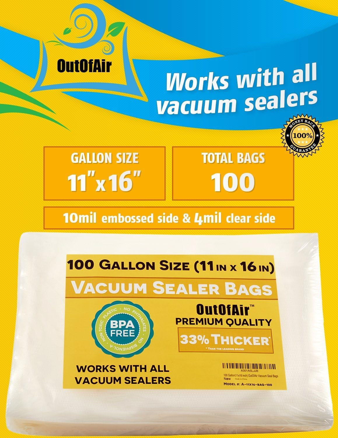 100 Vacuum Sealer Bags: Gallon Size (11" X 16") by  Works with Foodsaver & Other Machines - 33% Thicker BPA Free, Commercial Grade, 11 X 16 Inches