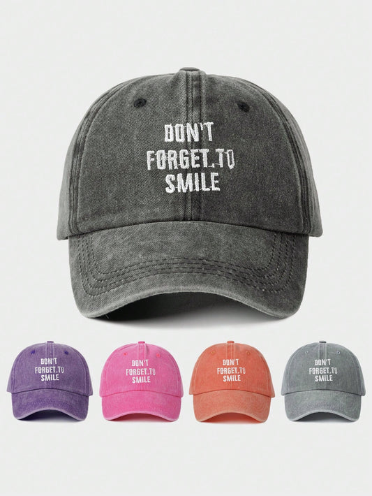 1Pc Women Washed Baseball Cap with Embroidered "Don'T Forget to Smile" Text, Adjustable Casual Sun Hat for Outdoor Travel, Spring/Autumn, Also Suitable for Young Men with Y2K Style