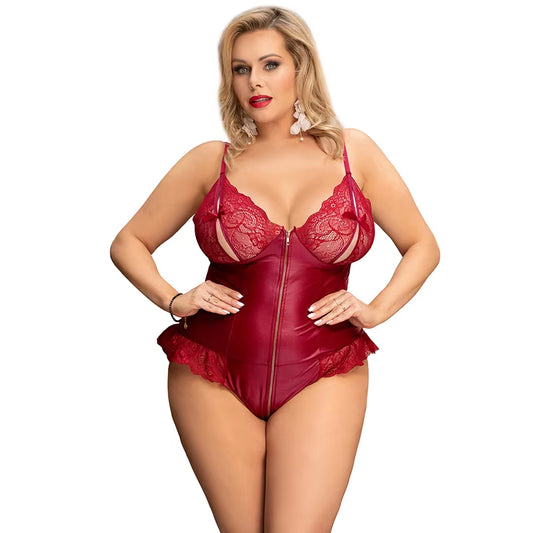 Leather Bodysuit Zipper Sexy Teddies Lingerie V-Neck Stitching Lace Jumpsuits Hollow Oversized Erotic Women'S Rompers