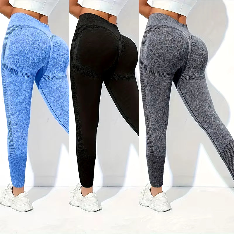 Yoga Basic 3Pcs Fitness Gym Tights Seamless Hip-Hugging Tummy Control Yoga Leggings with Punch Out Holes