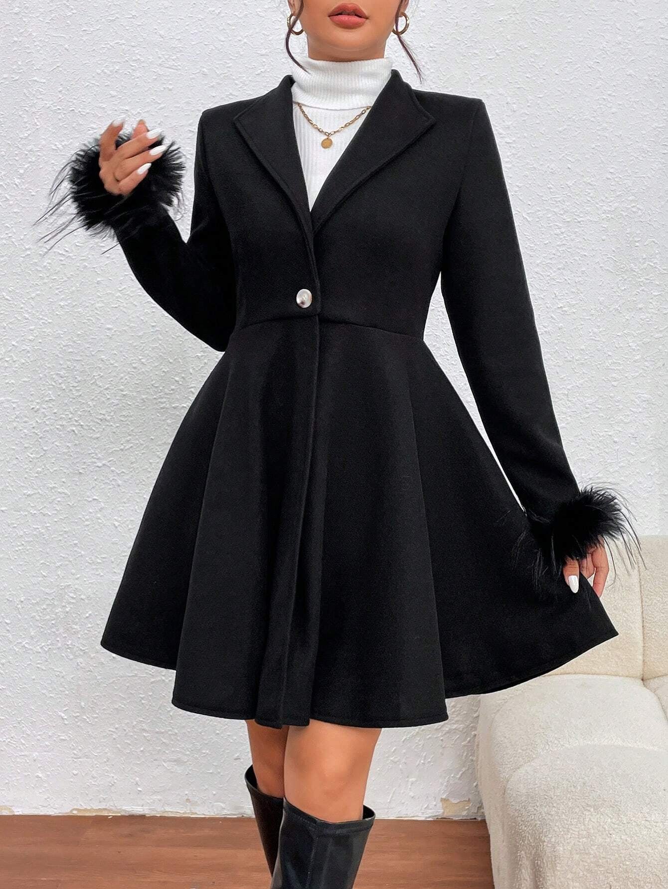 Privé Solid Color Wool Coat with Fringed Cuff and Single Button Closure