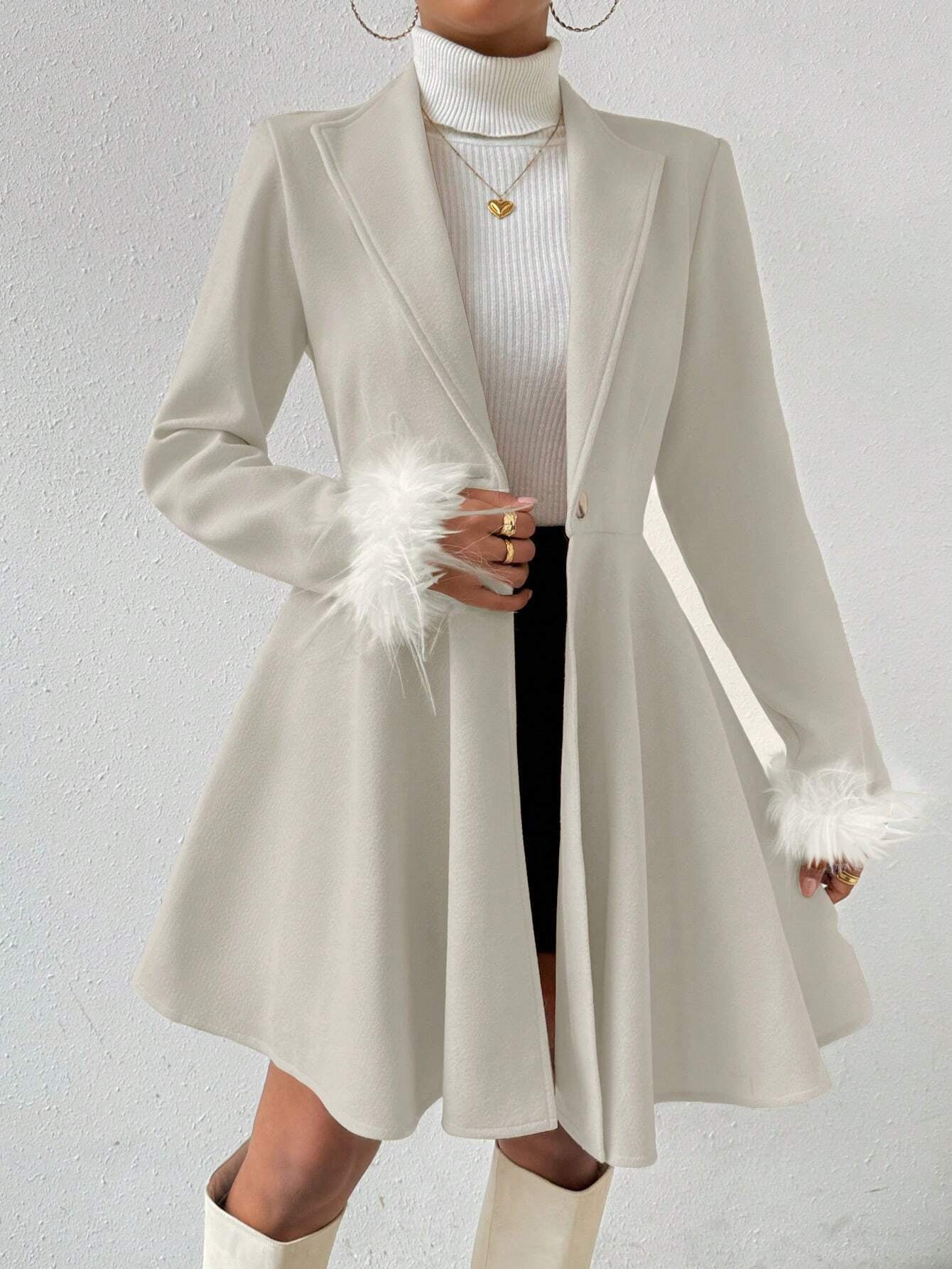 Privé Solid Color Wool Coat with Fringed Cuff and Single Button Closure