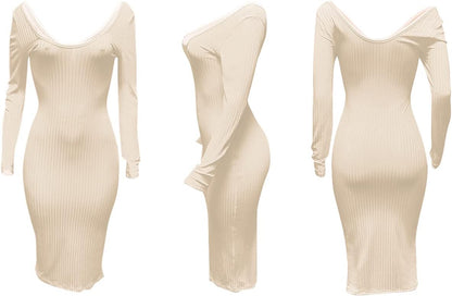 Women'S Long Sleeve Ribbed Knit Casual Bodycon Mini Dress Fall Pullover Sweater Dresses Beige