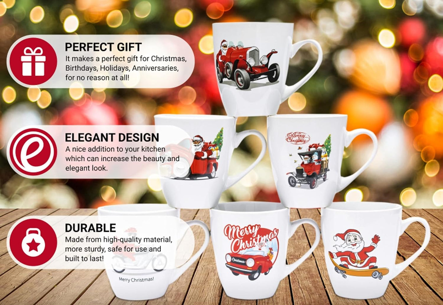 16 Oz Christmas Coffee Mug Set, Large 16 Ounce Ceramic Holiday Mug Set of 6 White Christmas Themed Design, Best Holiday Mugs Set of 6 for Your Christmas Gift