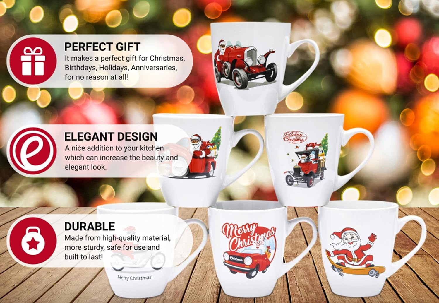 16 Oz Christmas Coffee Mug Set, Large 16 Ounce Ceramic Holiday Mug Set of 6 White Christmas Themed Design, Best Holiday Mugs Set of 6 for Your Christmas Gift