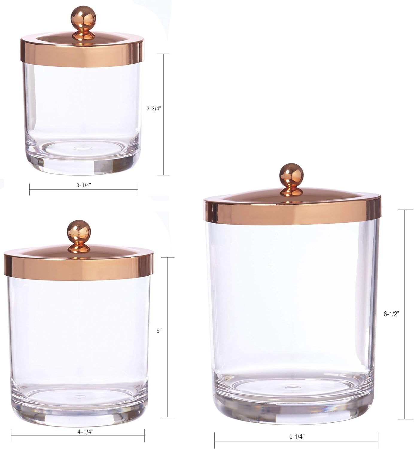 3-Pack Premium Quality Qtip and Cotton Ball Holders | 15-Oz, 30-Oz, and 60-Oz Clear Plastic Apothecary Jars with Matte Rose Gold Lids | Perfect Containers for Bathroom and Vanity