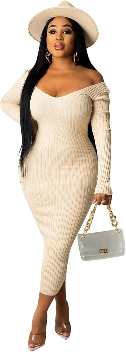 Women'S Long Sleeve Ribbed Knit Casual Bodycon Mini Dress Fall Pullover Sweater Dresses Beige