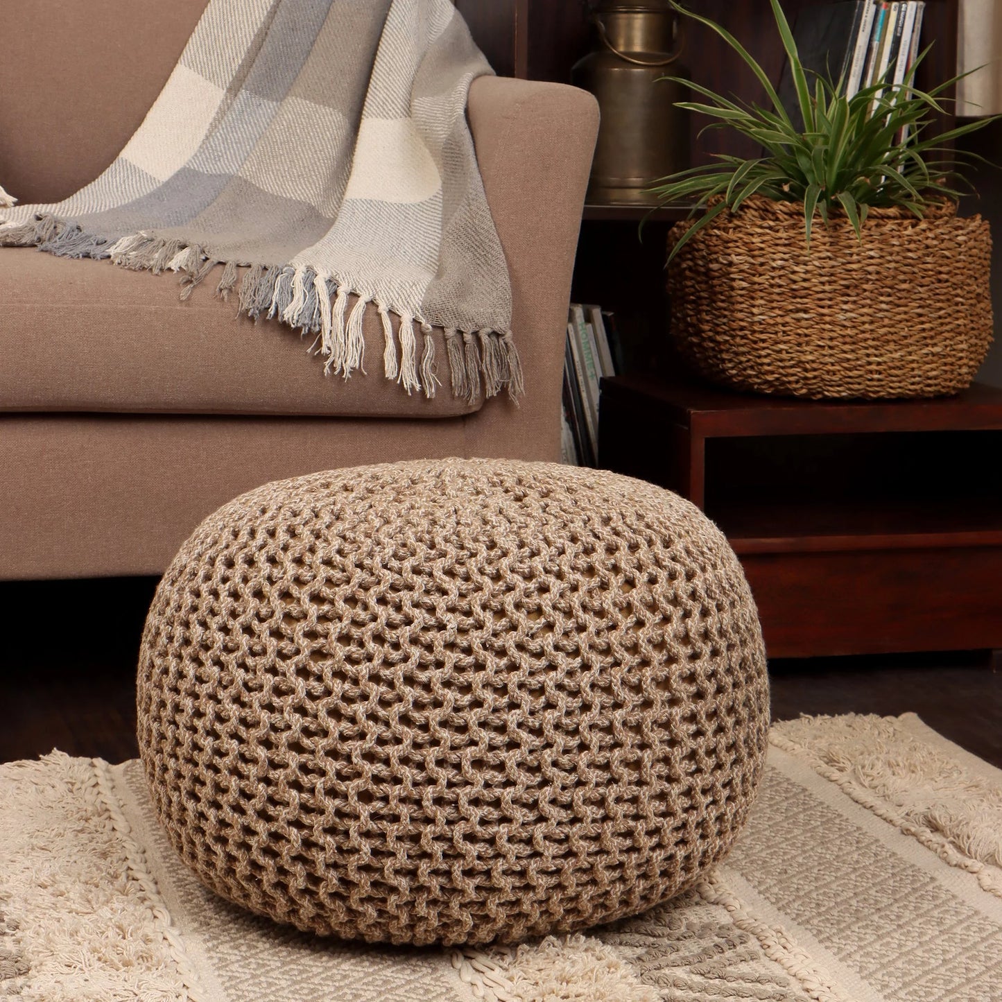 round Pouf Ottoman - Hand Knitted Cable Boho Poof Home Decor Pouffe Circular Footrest for Living Room - Nursery - Bedroom - Lounge 100% Cotton (19.5"X19.5"X14"; Beige Ivory)