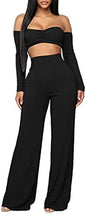 Women'S Sexy 2 Piece Outfits Clubwear off the Shoulder Crop Tops Long Loose Pant Set Long Sleeve Club Jumpsuits Black L