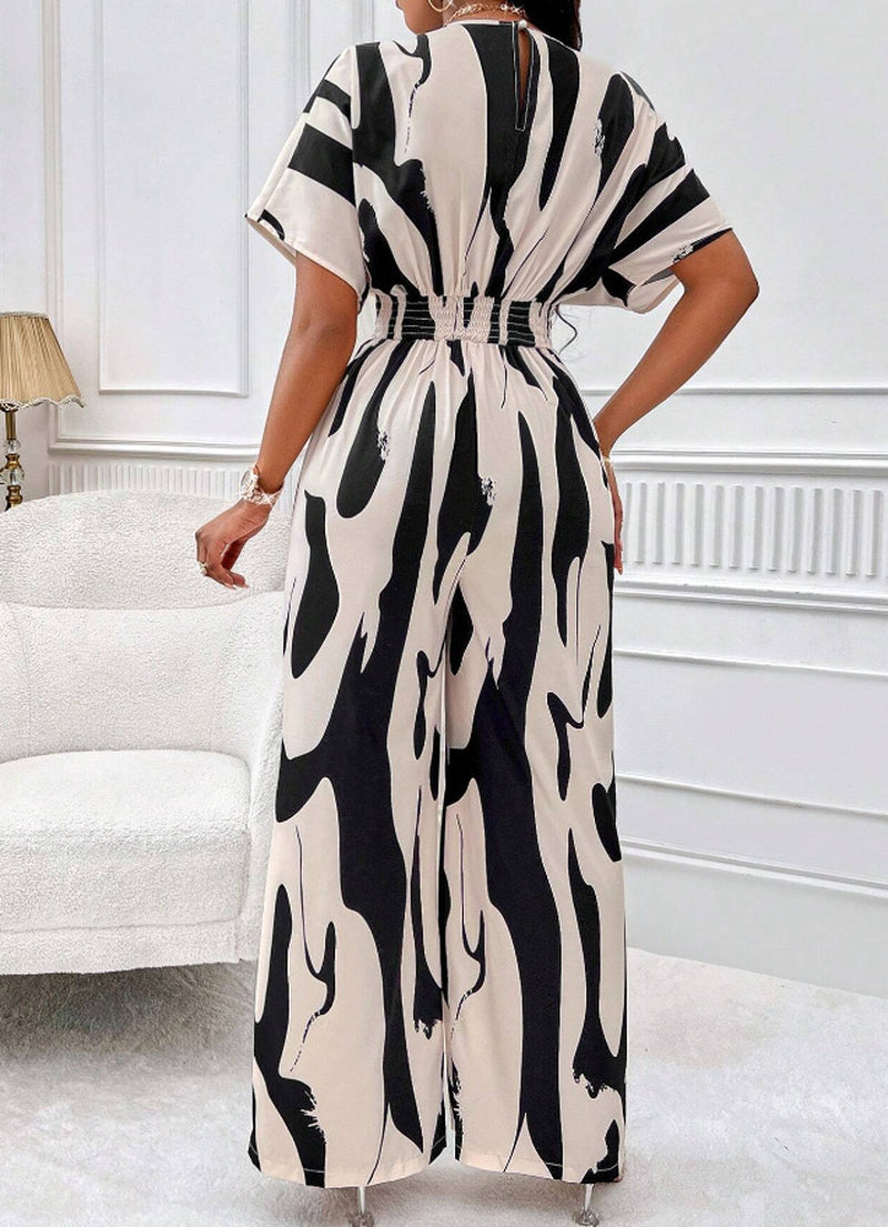 V-Neck Loose Printed Long Jumpsuit