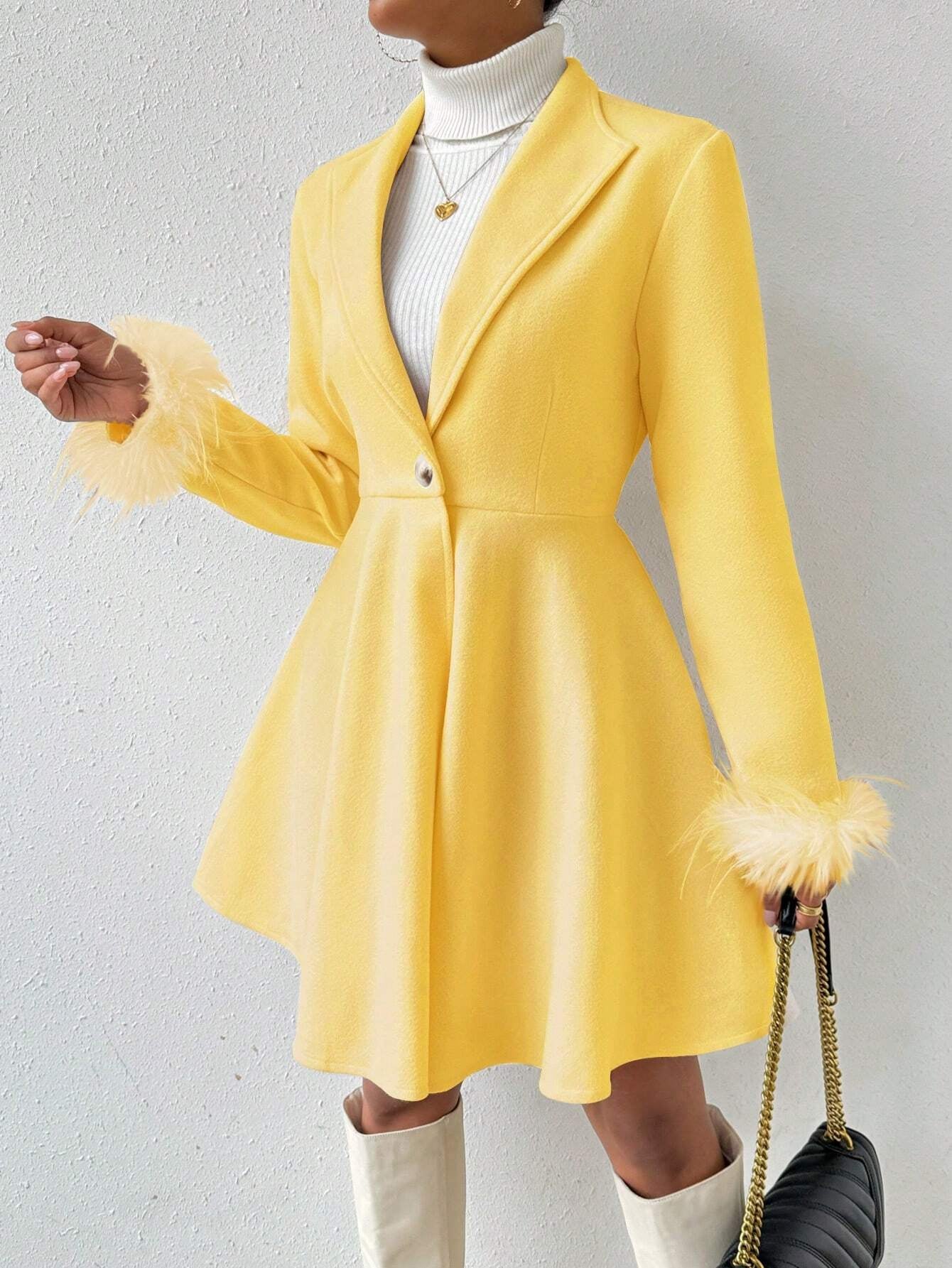 Privé Solid Color Wool Coat with Fringed Cuff and Single Button Closure