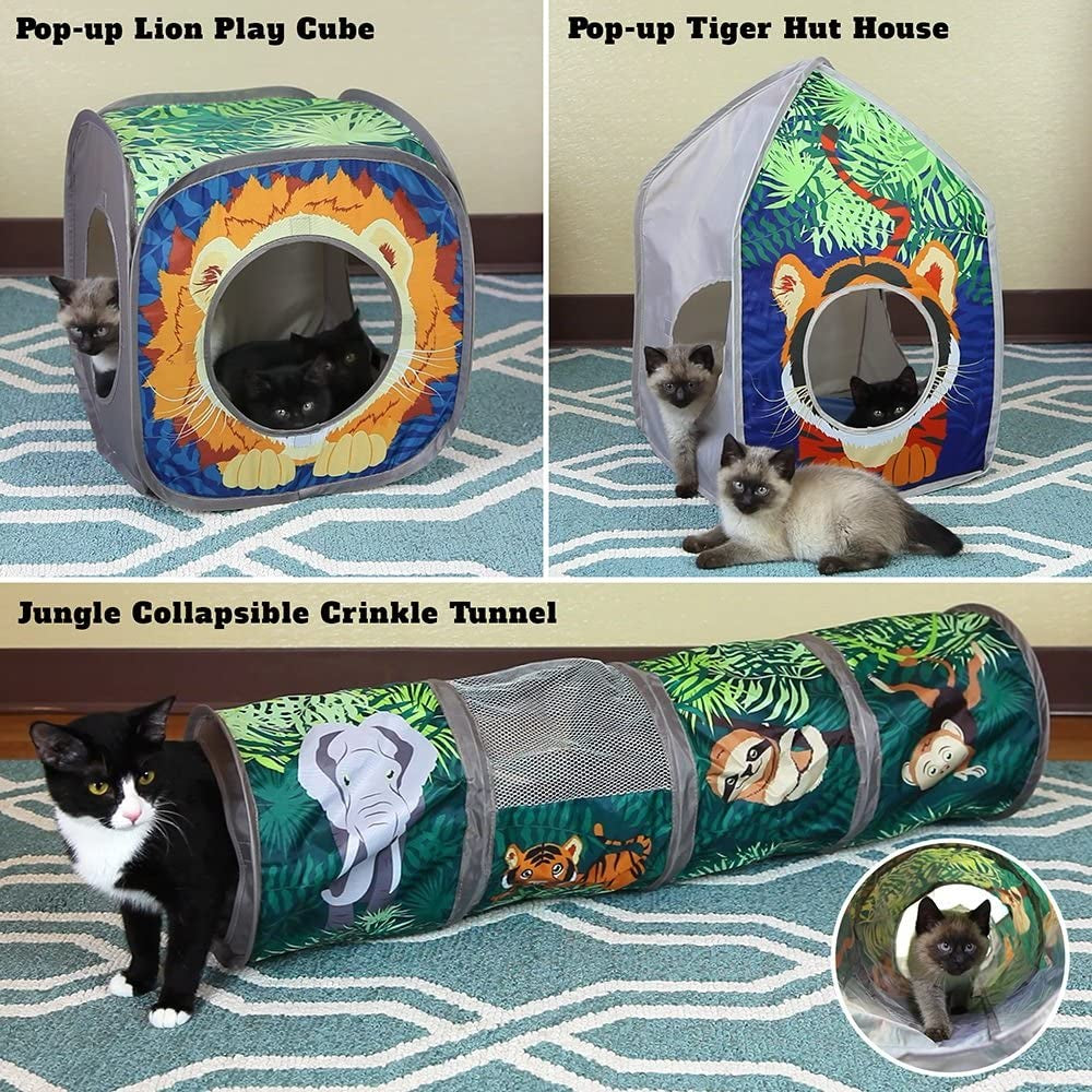 Jungle Cat Cube Combo, Collapsible Cat Cube, Cat Bed, Tunnel, Cat Toy