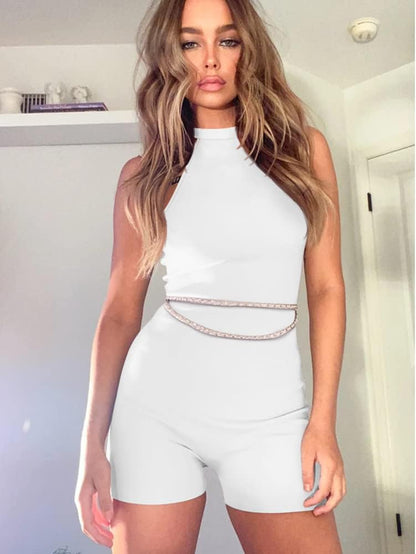 Women'S High Neck Sleeveless Short Jumpsuit Bodycon Party Romper White