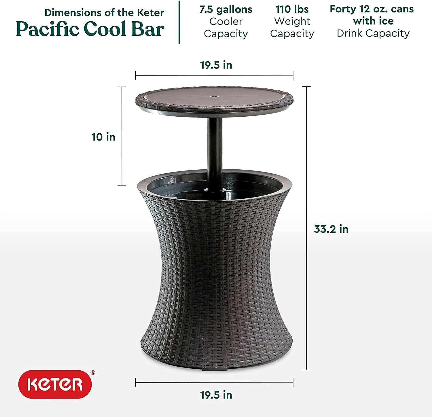 Pacific Cool Bar Outdoor Patio Furniture and Hot Tub Side Table with 7.5 Gallon Beer and Wine Cooler, Espresso Brown