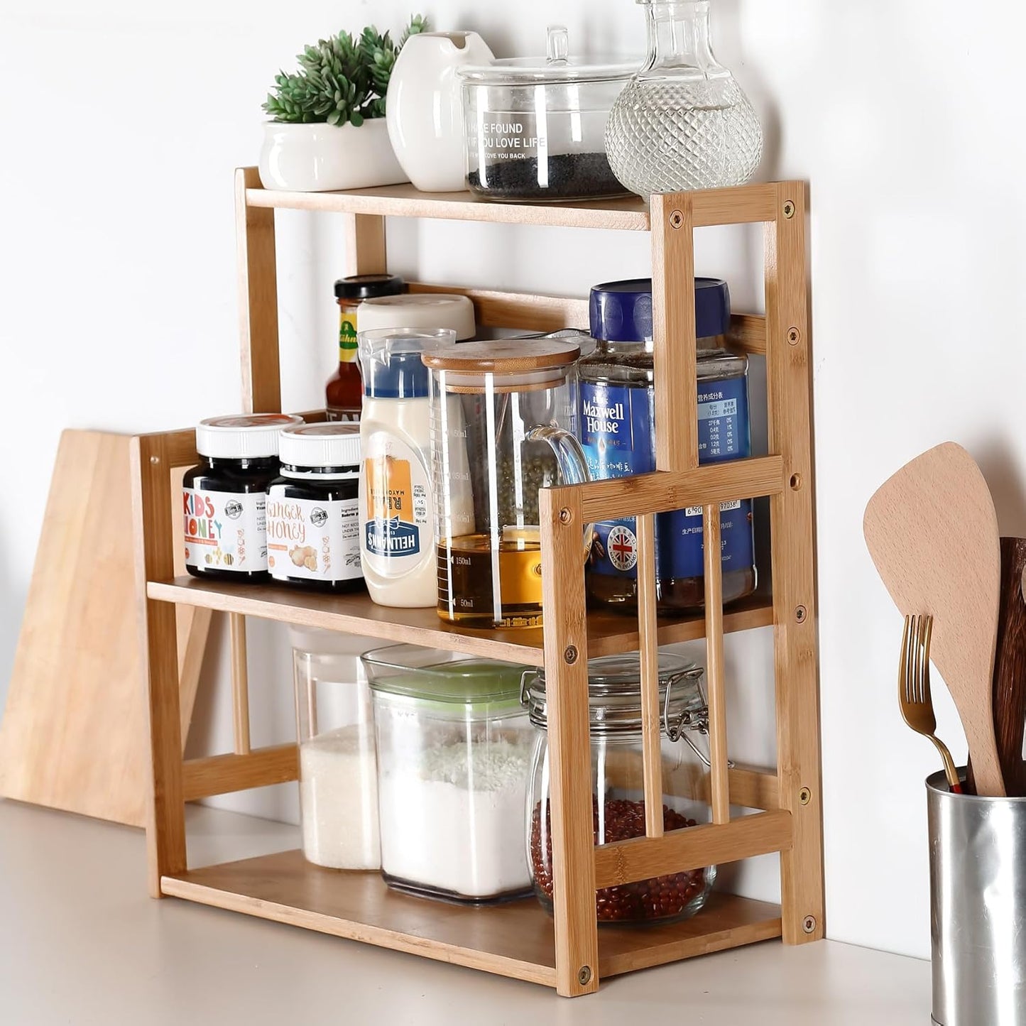 Bamboo Spice Rack Storage Shelves-3 Tier Standing Pantry Shelf for Kitchen Counter Storage,Bathroom Countertop Storage Organizer Desk Bookshelf with Adjustable Shelf Cabinet