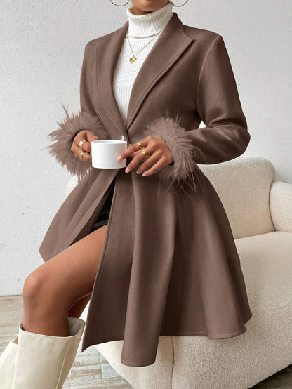 Privé Solid Color Wool Coat with Fringed Cuff and Single Button Closure