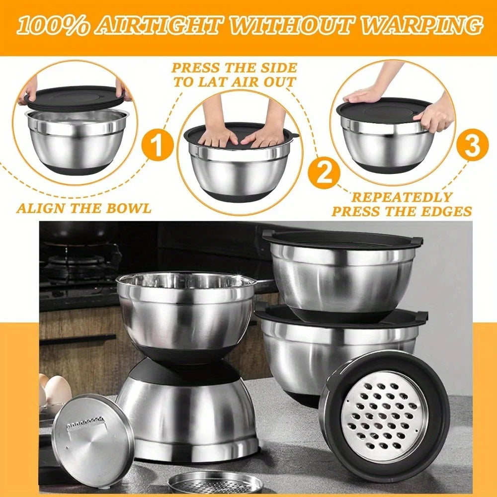 17pcs, Stainless Steel Mixing Bowl Set Mixing Bowls With Lids Grater Attachment, Non-Slip Kitchen Gadget Set, Mixing And Serving