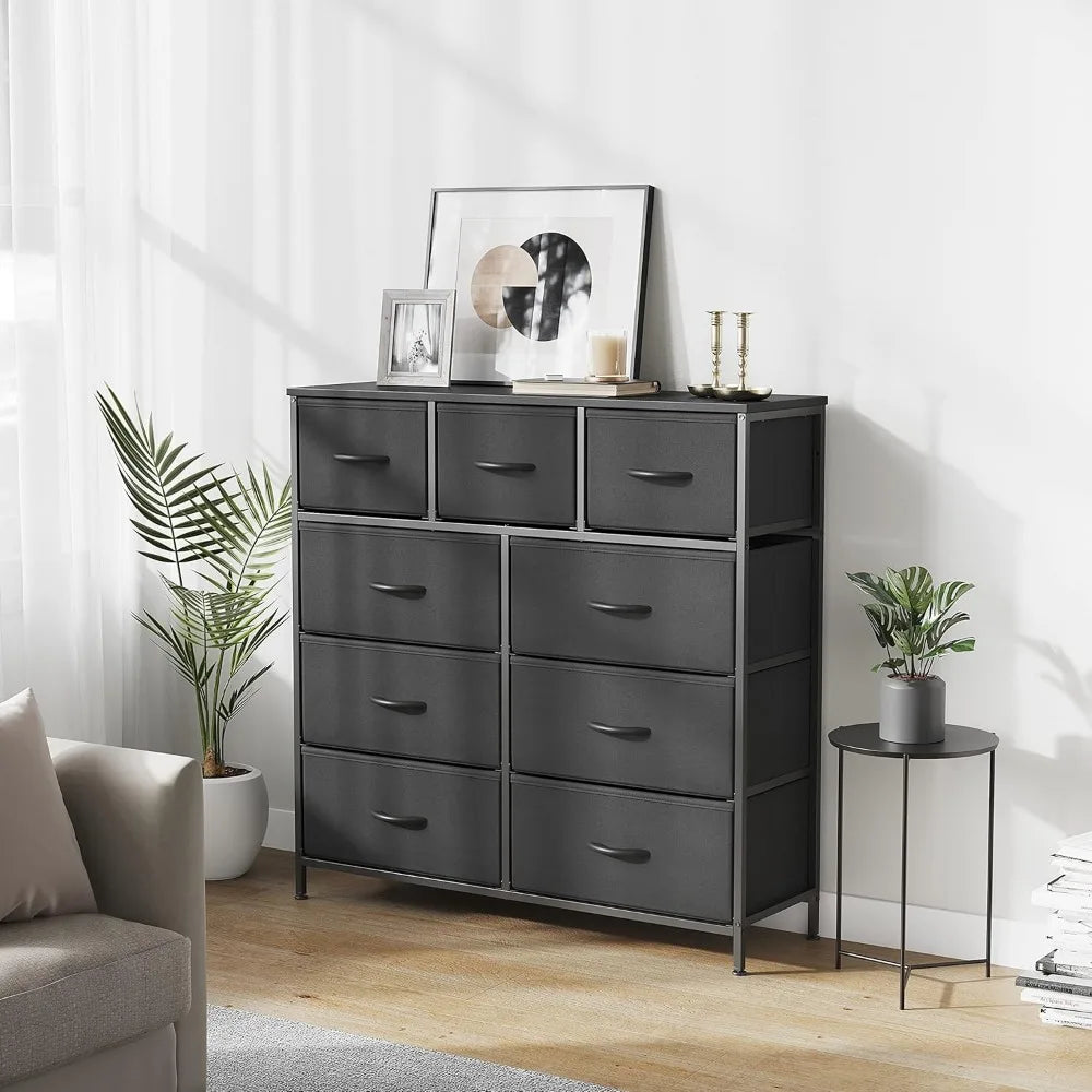 Dresser for Bedroom, 9 Drawer Storage Organizer Tall Wide Dresser for Bedroom Hallway, Sturdy Steel Frame Wood Top, Dark Black