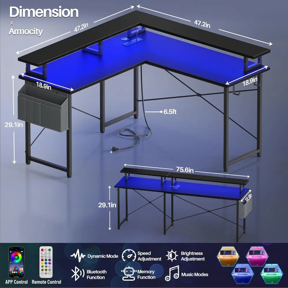 L Shaped Computer Desk with Power Outlets