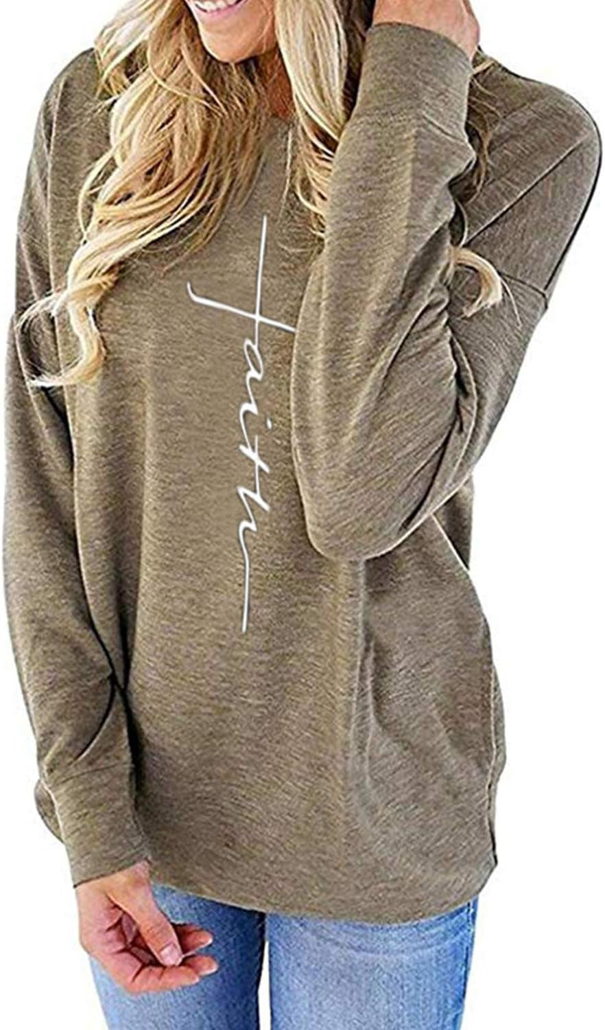 Women'S Casual Faith Printed round Neck Sweatshirt T-Shirts Tops Blouse with Pocket