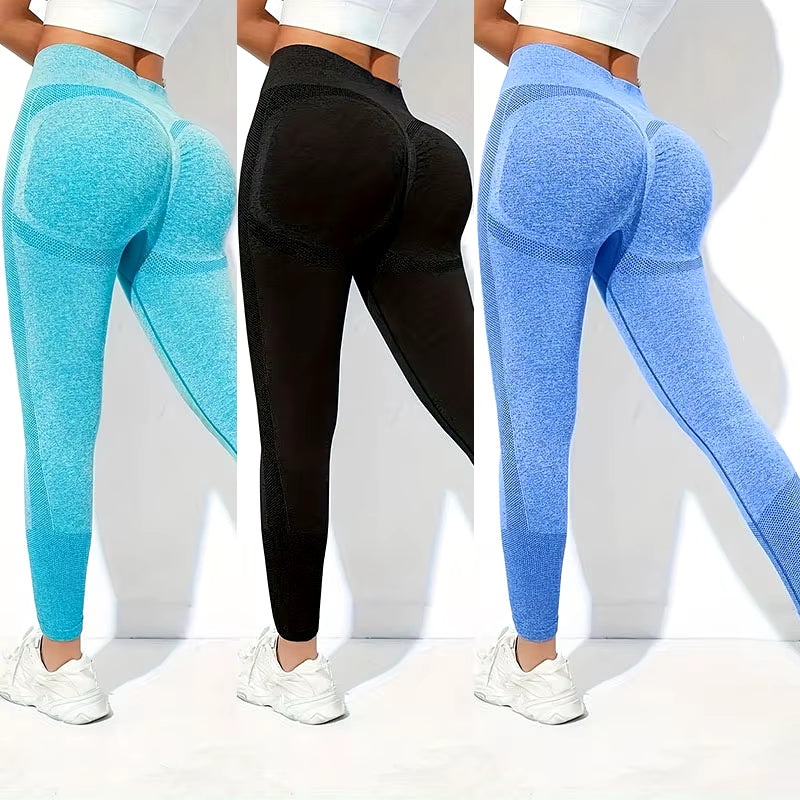 Yoga Basic 3Pcs Fitness Gym Tights Seamless Hip-Hugging Tummy Control Yoga Leggings with Punch Out Holes