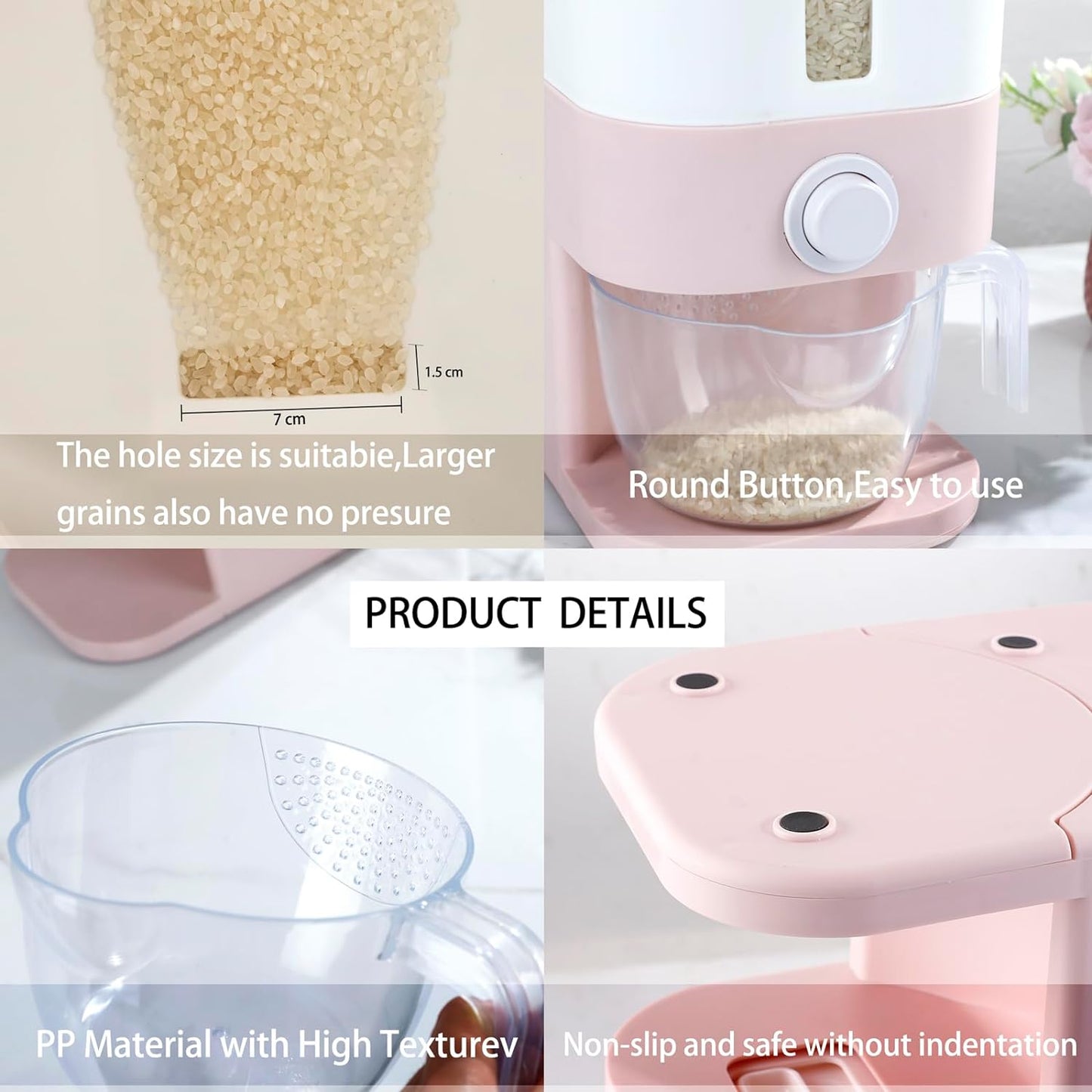 22.5 Lbs Pink Rice Dispenser, Rice Storage Container, Pink Rice Storage Container with Measuring Cup, Rice Holder Bucket for Household Kitchen Rice Soybean Corn.