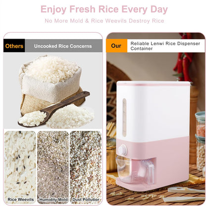 22.5 Lbs Pink Rice Dispenser, Rice Storage Container, Pink Rice Storage Container with Measuring Cup, Rice Holder Bucket for Household Kitchen Rice Soybean Corn.