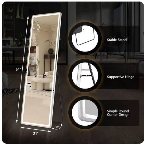 64” x 21” Full Length Mirror with LED Light, Floor Hanging Mirror Wall Mounted