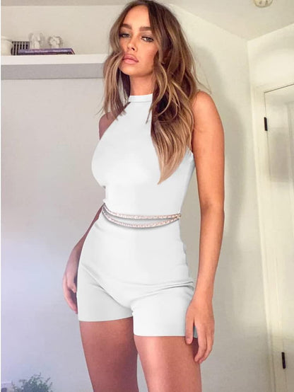 Women'S High Neck Sleeveless Short Jumpsuit Bodycon Party Romper White