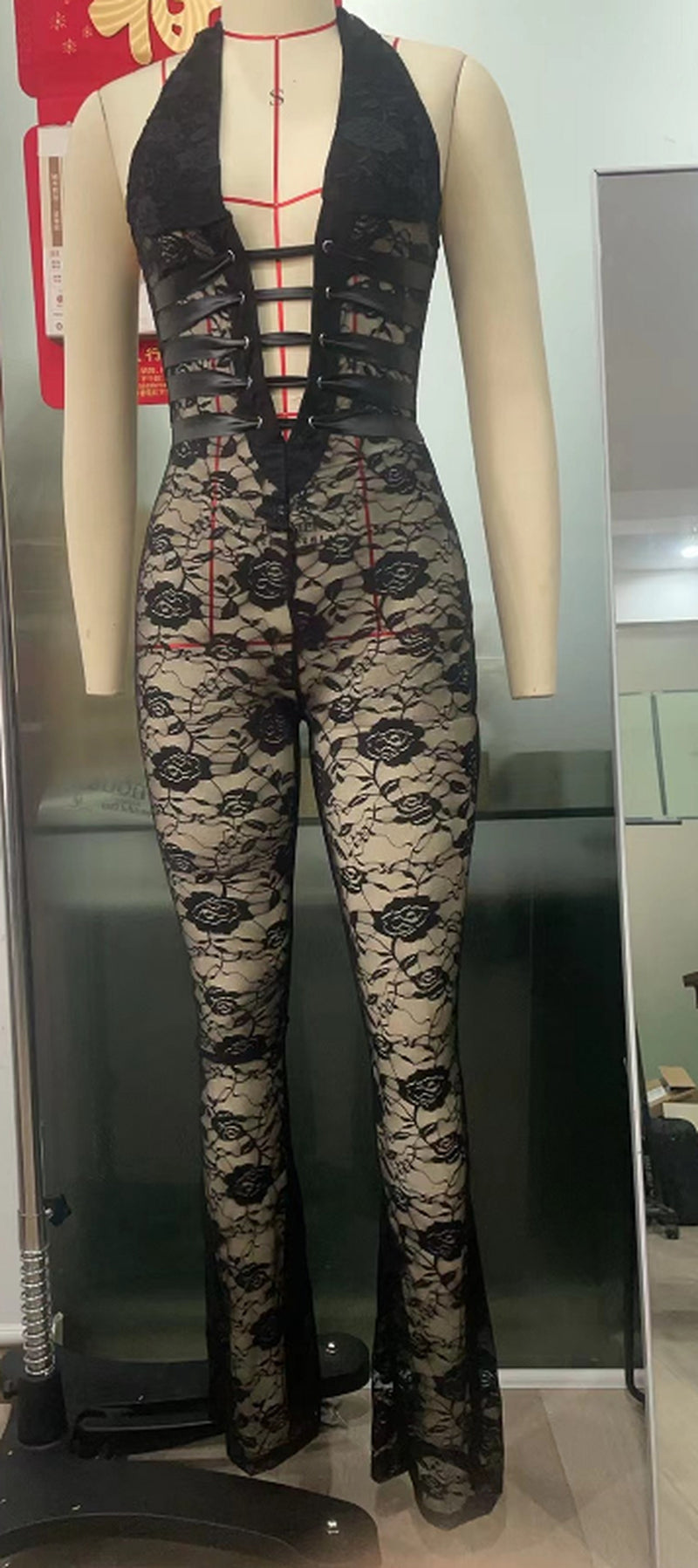 Lash Rope Lace up Slim Fit Jumpsuit See-Through