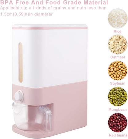 22.5 Lbs Pink Rice Dispenser, Rice Storage Container, Pink Rice Storage Container with Measuring Cup, Rice Holder Bucket for Household Kitchen Rice Soybean Corn.