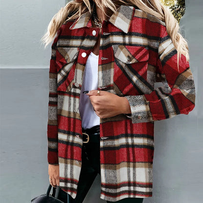 Winter Fleece Jacket Women Plaid Coat Fall Warm Checkered Outerwear Fall Female Long Sleeve Tops Shirt Women Fashion Jacket 2021