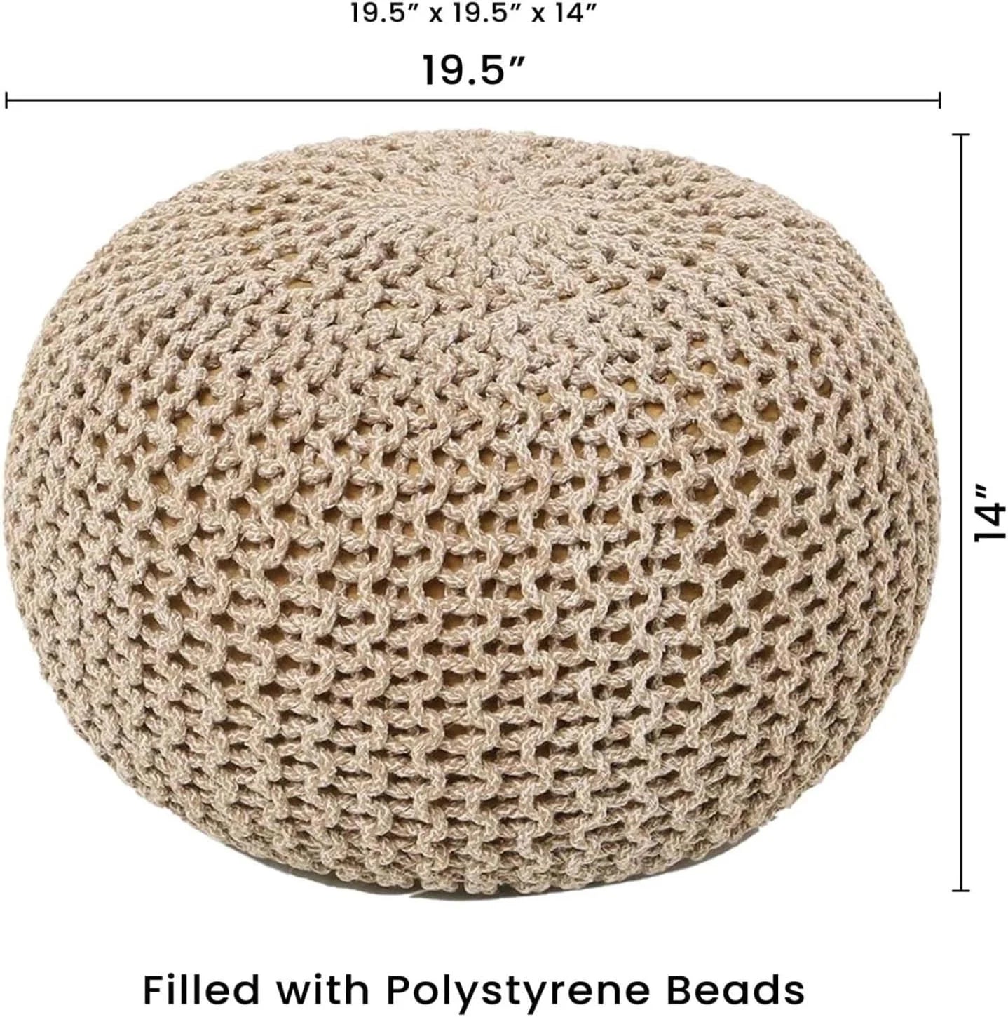 round Pouf Ottoman - Hand Knitted Cable Boho Poof Home Decor Pouffe Circular Footrest for Living Room - Nursery - Bedroom - Lounge 100% Cotton (19.5"X19.5"X14"; Beige Ivory)