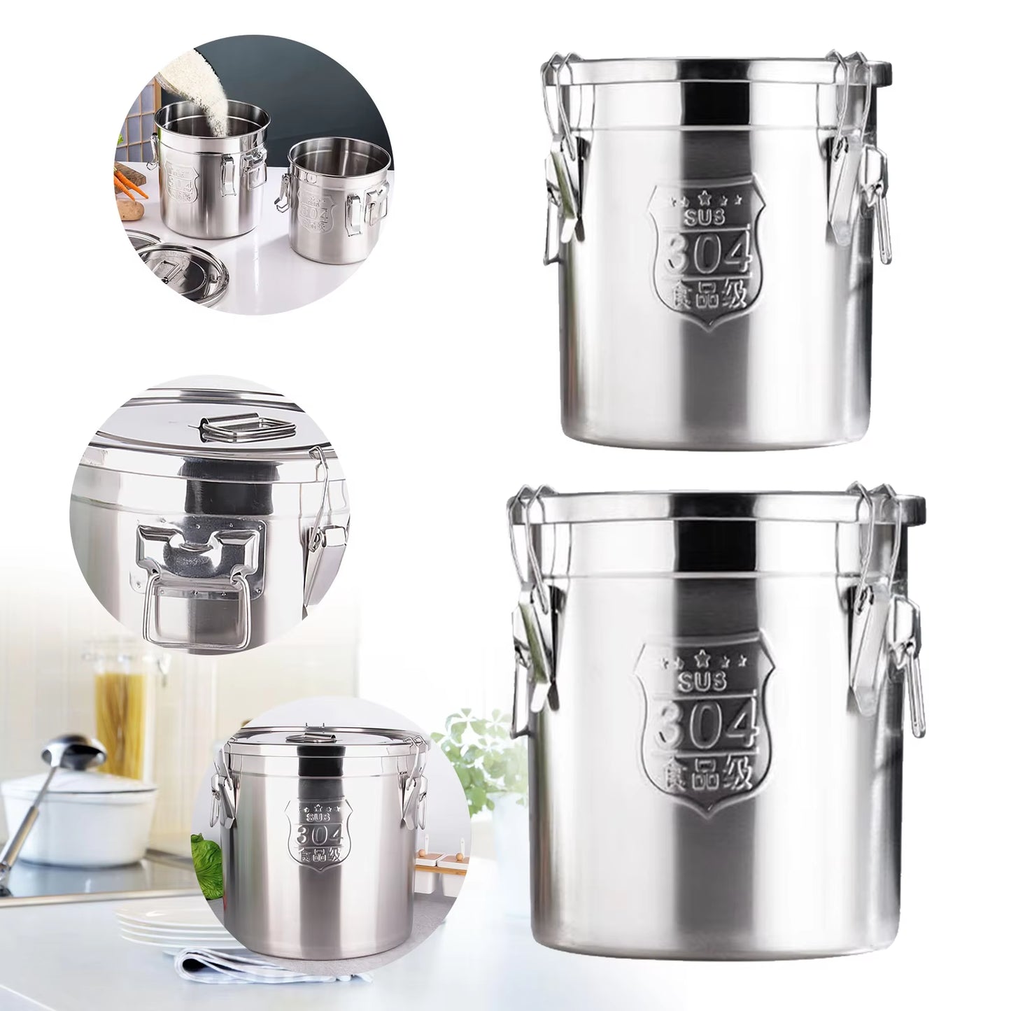 6L/12L 304 Stainless Steel Metal Cereal Container Kitchen Rice Oil Storage Bucket